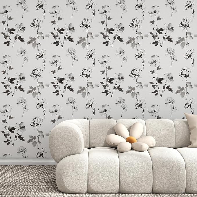 Hopepak Floral Wallpaper Peel and Stick Black and White Flower Peel and Stick Wall Paper Modern Contact Paper Removable Self Adhesive Wallpaper for Bathroom Bedroom Cabinet Decor Vinyl 17.3"×197" - Image 3