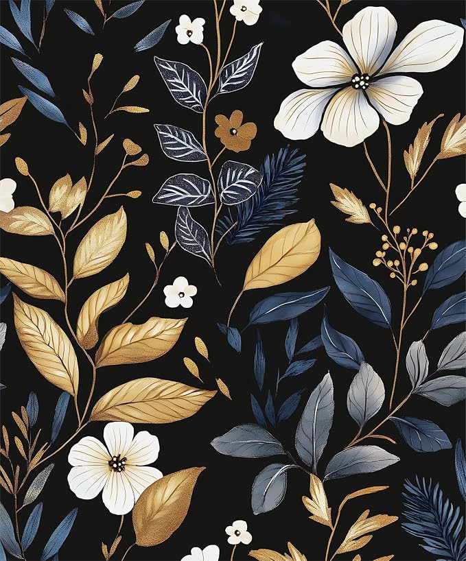Laatse Vintage Dark Blue Gold Floral Peel and Stick Wallpaper 17.5"x787" | Self Adhesive/Removable/Waterproof/Thick Vinyl Extra Long Contact Paper for Bathroom Bedroom Shelf Cabinet Drawer,Prepasted by Laatse