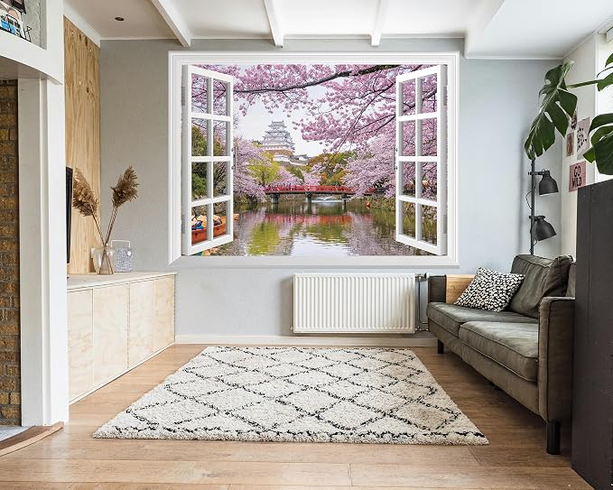 FLFK Fake Window Wall Mural - Cherry Blossom Faux Window Wall Decal for Wall Decor, Peel and Stick Wall Sticker,80"x60",Set of 5 Sheets - Image 3