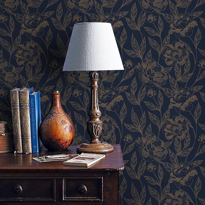 Timeet Peel and Stick Wallpaper Gold and Blue Floral Wall Paper for Bedroom Removable Self Adhesive Elegant Contact Paper Decor 17.7In × 78.7In - Image 2