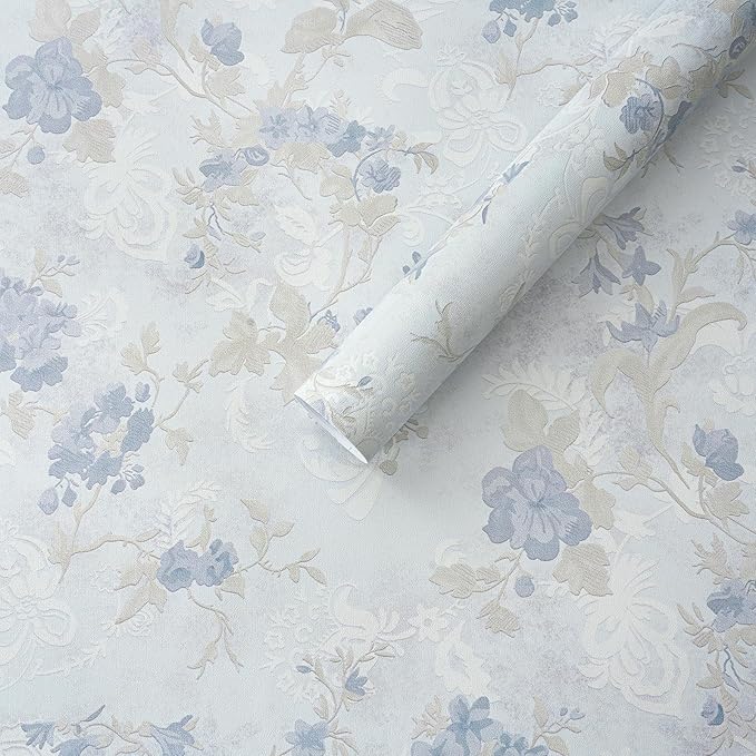 Ismoon Vintage Wallpaper Floral Peel and Stick Wallpaper 17.3in x6.56ft Blue Country Retro Flower Wall Paper Texture Removable Stick on Wall Paper for Bathroom Cabinets Countertops Self-Adhesive Vinyl by Ismoon