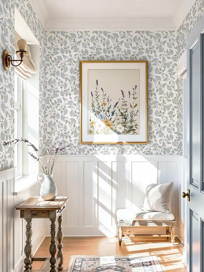 Floral Peel and Stick Wallpaper Blue Contact Paper Morden Cottage 362×17.3" | Grandma Chic Cute Wallpaper Small Flower Renter Friendly Removable Boho White Wall Paper for Bathroom Bedroom Vinyl - Image 5