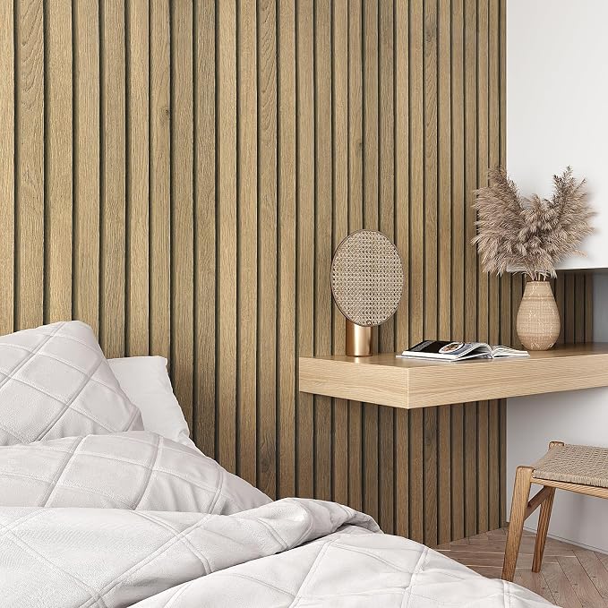 VEELIKE Natural Light Oak Wood Slat Peel and Stick Wallpaper Wood Panel Wallpaper for Accent Walls 24''x118'' Waterproof Self Adhesive Slat Wall Covering for Living Room Dining Room Bedroom Office - Image 5