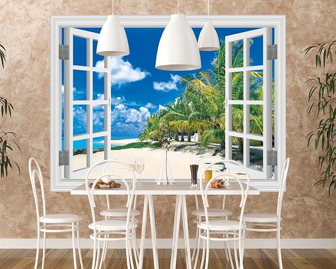 FLFK Fake Window Wall Sticker, White Frame Tropical Beach Scene, Peel and Stick Removable Wall Decal, Paradise Ocean View with Palm Trees, 80 x 60 Inches, Modern Style, Indoor Use - Image 6