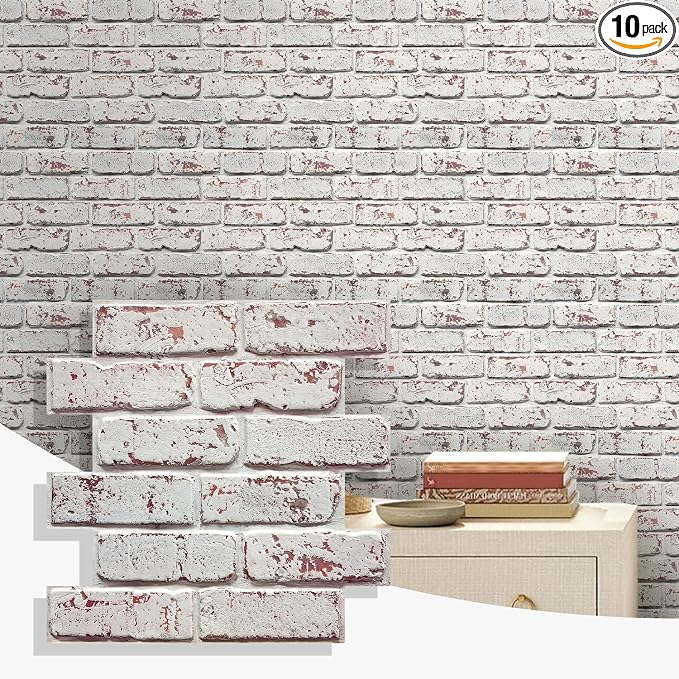 COMSTICKC 3D Faux Brick Wall Panels Peel and Stick, 10 Pcs 11.8" x 11.8" | Whitewash, Not Real Brick, Small Size, Ultra-Light PVC Sticker, Fake Brick Decorative Tiles for DIY Decor, Cover 9.7 sq ft by COMSTICKCDECOR
