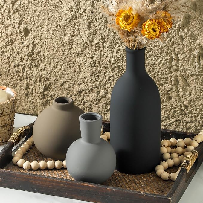 Ceramic Vase Set of 3 | Neutral Vases Home Decor | Modern Flower Pottery Vases Rustic Farmhouse Vase for Table Entryway Mantel Centerpiece Bookshelf Living Room Bathroom Bedroom -Multicolor Large - Image 5