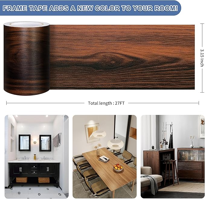 TIANLDD 27 FT Wood Grain Wallpaper Border, Removable Waterproof Mirror Border Peel and Stick,Bathroom Mirror Frame Border.(Dark Oak) - Image 3