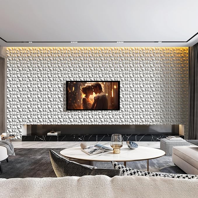 INMOZATA 3D Wall Panels, Diamond Textured PVC Accent Wall Panels | 33-Pack 12" x 12" PVC Decorative Wall Panels for Interior Wall Decor, TV Gaming Living Room, Bedroom Background, White - Image 5