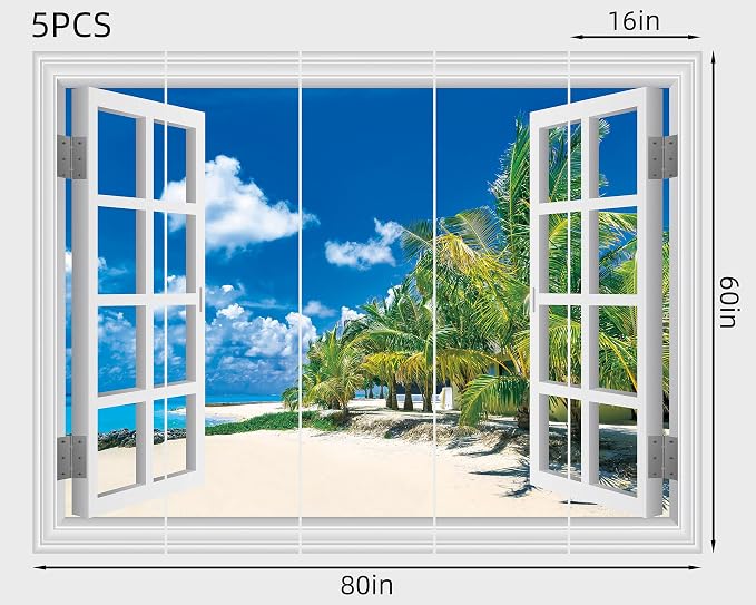 FLFK Fake Window Wall Sticker, White Frame Tropical Beach Scene, Peel and Stick Removable Wall Decal, Paradise Ocean View with Palm Trees, 80 x 60 Inches, Modern Style, Indoor Use - Image 2