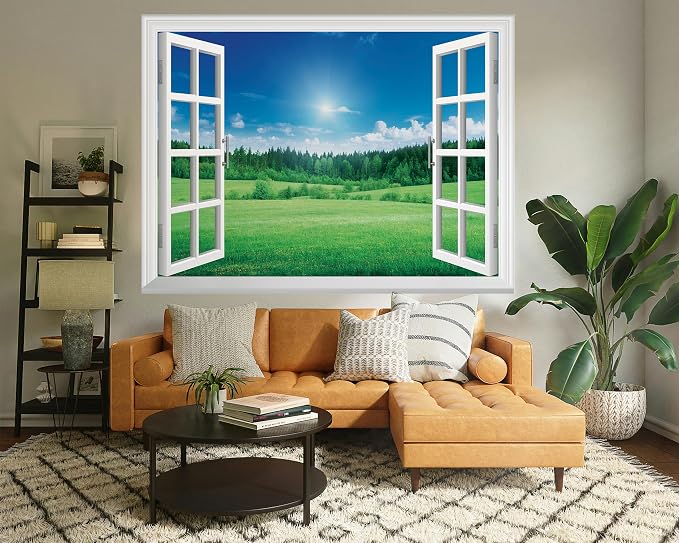 FLFK Fake Window Wall Mural - Grassland Forest Faux Window Wall Decal for Wall Decor, Peel and Stick Wall Sticker,80"x60",Set of 5 Sheets - Image 3