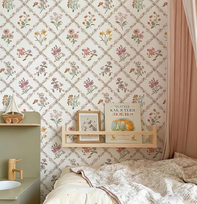 16.9in x118in Red Floral Peel and Stick Wallpaper Watercolor Floral Leaf | Boho Self Adhesive Wallpaper Modern Trellis Contact Paper DIY Removable Wallpaper for Bedroom Cabinets Drawers Decor Vinyl - Image 2