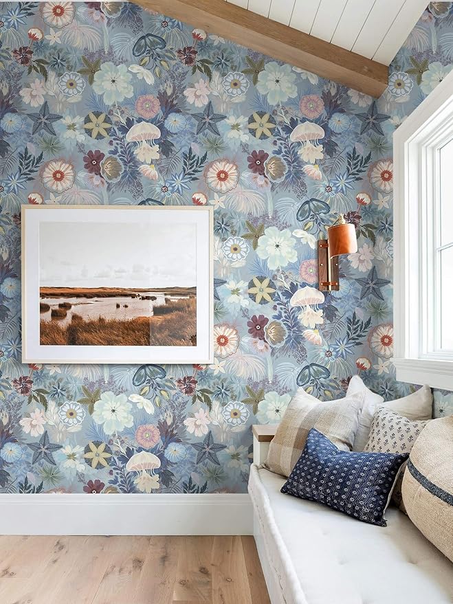 Ismoon Floral Peel and Stick Wallpaper Vintage Blue Contact Paper Jellyfish Ocean Stick on Wall Paper Removable Self Adhesive Vinyl Wallpaper for Bedroom Wall Decor Cabinet Refurbishment 17.3x393in - Image 6