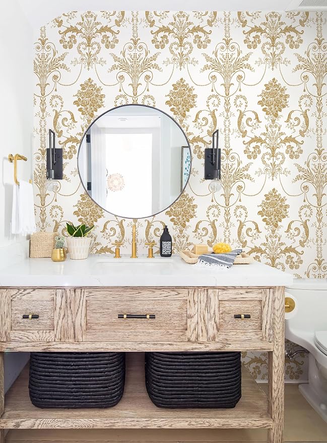 Damask Floral Peel and Stick Wallpaper Removable Gold Flowers Contact Paper | 17.3" X 118" Gold and White Damascus Wallpaper Boho Self Adhesive Decorative Wallpaper for Bedroom Accent Wall DIY Vinyl Roll - Image 6