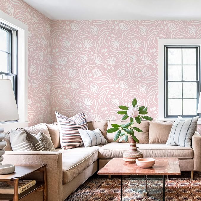 Ismoon Boho Peel and Stick Wallpaper Pink Floral Contact Paper Boho Stick on Wall Paper Textured Removable Self Adhesive Vinyl Wallpaper for Bedroom Bahtroom Wall Decor 17.3x393in - Image 9