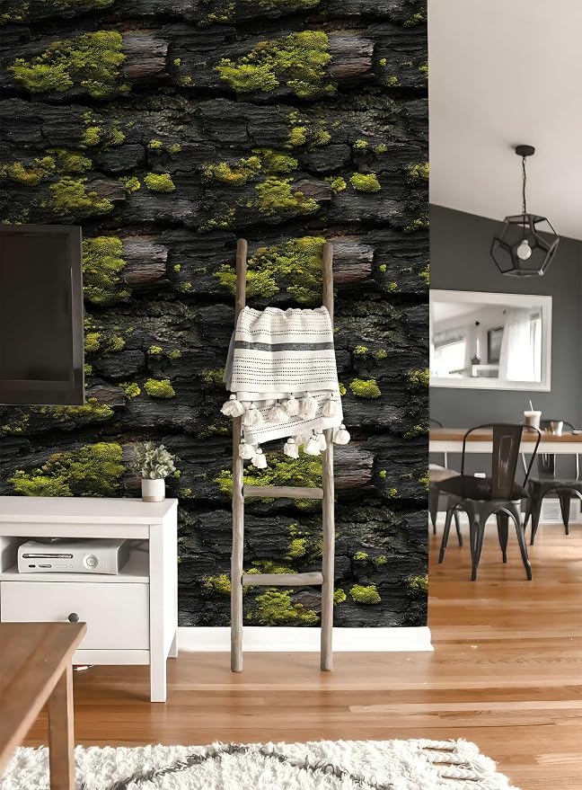 Brick Wallpaper Mossy Wood Peel and Stick Wallpaper | Black and Green Realistic Textured Bark Pattern Wallpaper Rustic Nature for Home Decor , Self-Adhesive, Waterproof Vinyl - Image 8