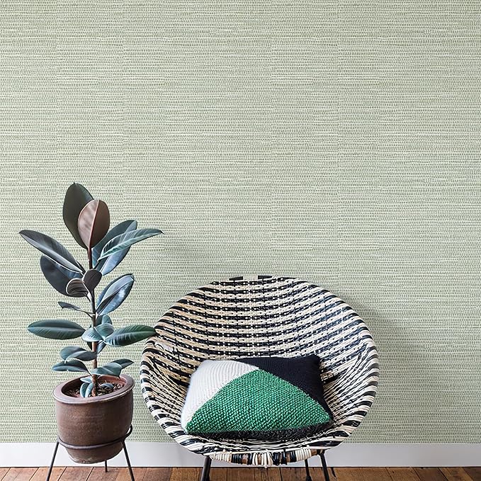 HueBurst Green Grasscloth Peel and Stick Wallpaper 17.3" x 394" Renter Friendly Neutral Textured Grassweave Wallpaper Self Adhesive Removable for Bathroom Bedroom - Image 4
