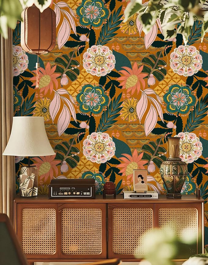HAOKHOME Orange Wallpaper Peel and Stick Tropical Boho Floral for Bathroom | Textured Removable Waterproof Renter Friendly Wall Paper Vintage Terracotta Pink Green Botanical Bedroom 17.3in x 9.8ft - Image 3