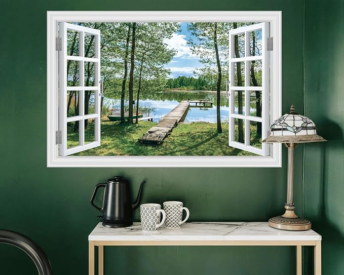 FLFK Fake Window Wall Decal Peel and Stick Wall Mural 48" x 32" | Lake & Forest Scene, Pre-cut into 2 pieces, 3D Illusion Effect, Removable Design, Home Office Decor, Easy Application - Image 3
