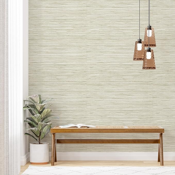 Simon&Siff Cream Textured Grasscloth Peel and Stick Wallpaper 17.7"x197" Neutral Faux Grassweave Wallpaper Waterproof Self Adhesive Removable Wallpaper Mural for Home Decor Bedroom Kitchen Cabinet by SimonSiff