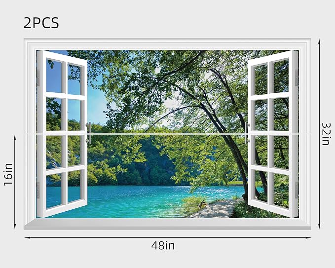 FLFK Fake Window Wall Mural - Lakes in The Jungle Faux Window Wall Sticker for Wall Decor, Stick and Peel Wall Decals,48"x32",Set of 2 Sheets - Image 2