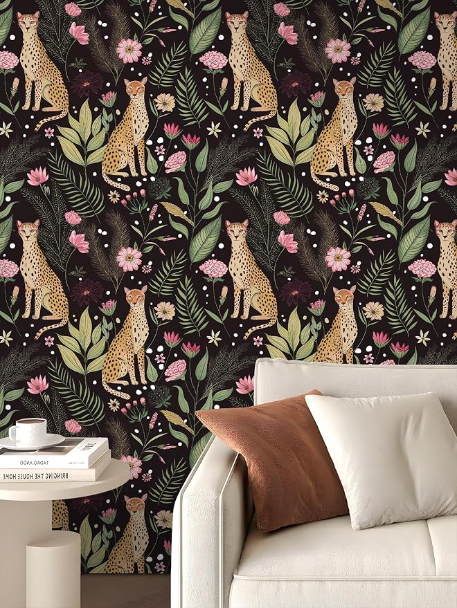 Floralplus Black Leopard Wallpaper Peel and Stick Wallpaper Removable Vintage Floral Wallpapers Dark Jungle Cheetah Renter Friendly Self Adhesive Contact Paper for Countertop 17.5 x 393 in - Image 6