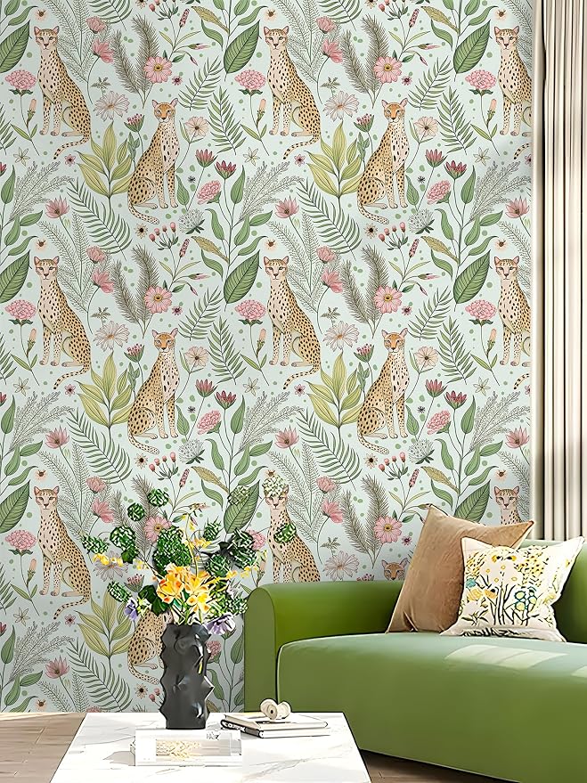 Floralplus Wallpaper Peel and Stick Jungle Leopard Wallpaper | Removable Boho Cheetah Animal Wallpapers Renter Friendly Floral Contact Paper for Bathroom Shlef Liner Dresser 17.5 x 118 in - Image 5