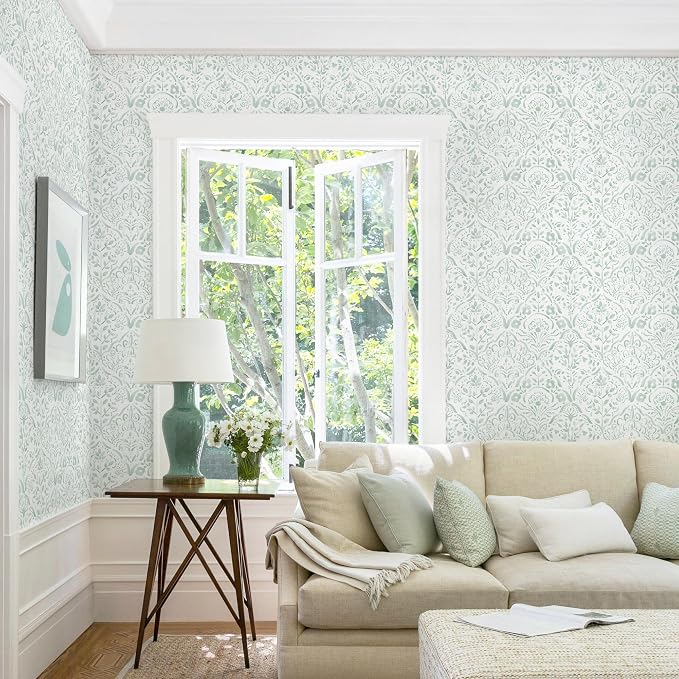 Dimoon Boho Peel and Stick Wallpaper Soft Sage Green Contact Paper French Floral Wall Paper 362''x17.3'' Textured Self Adhesive Watercolor Damask Stick On Wallpaper for Bedroom Bathroom Decor Vinyl - Image 3