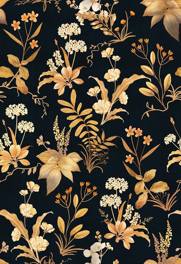 Simon&Siff Vintage Floral Peel and Stick Wallpaper 17.3" x 480" | Black Gold Botanical Contact Paper, Removable Wall Paper, Renter Friendly, for Cabinets, Furniture, DIY Decor - Image 6