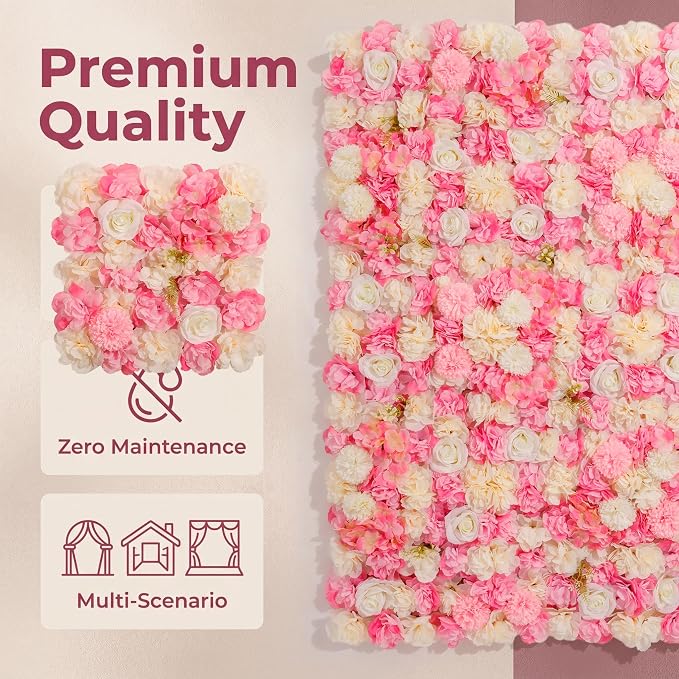 Artificial Flower Wall, 12 Panels, 16.5x16.5, Pink White Rose | 3D design, realistic look, Seamless Design,eco-friendly,easy to assemble,reusable,.Suitable for weddings,Party,Backdrop Decor - Image 4