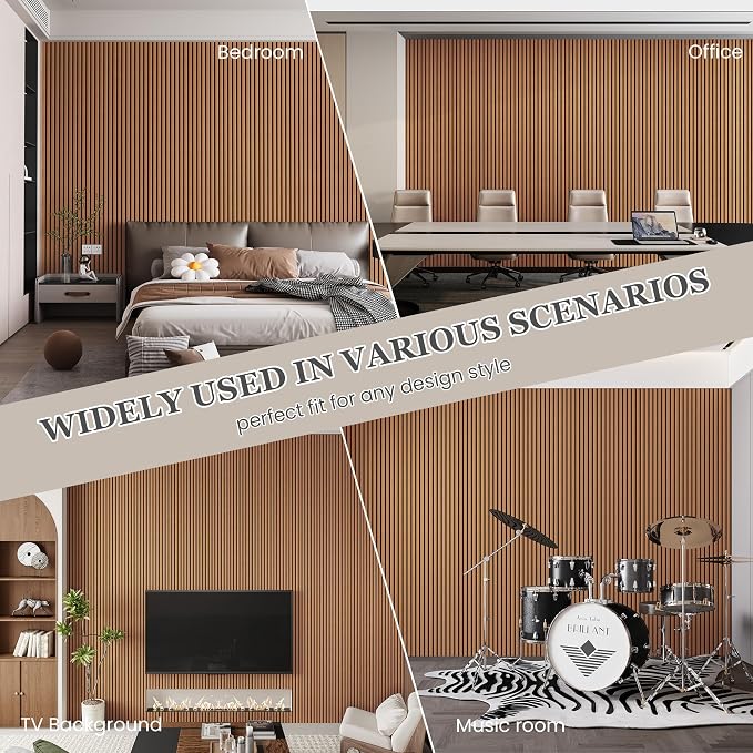 4 Pack Wood Salt Acoustic Wall Panels 94" x 12.6" x 0.8", Brown | 3D Fluted Soundproof Wooden Wall Panel, Sound-absorbing Wall Decor for Home Theater Studio Office Bedroom - Image 4