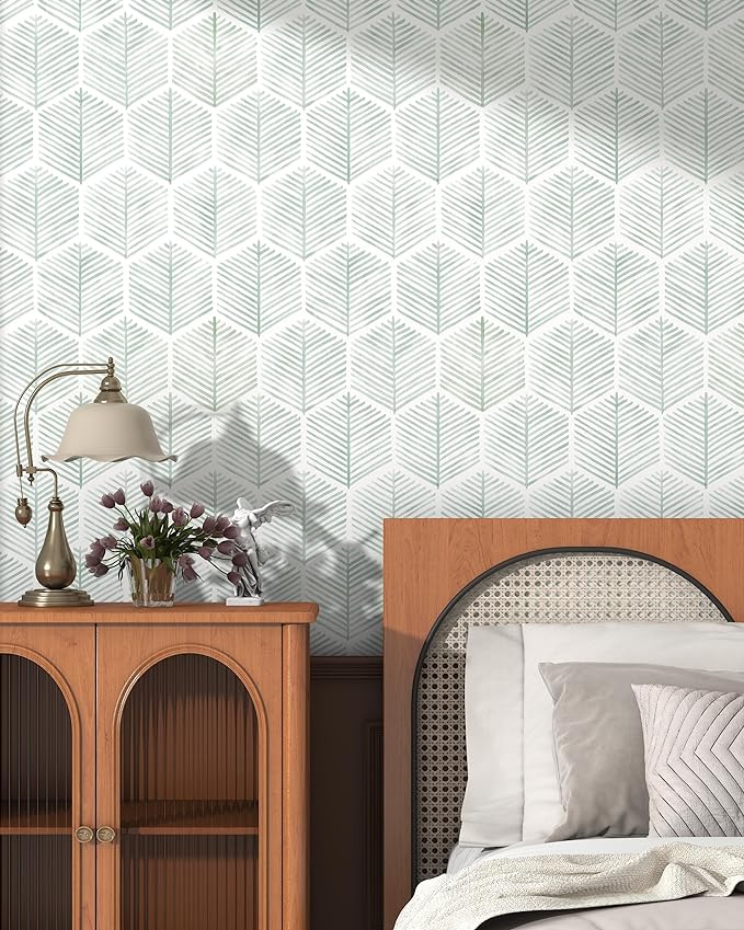 OSECAGE Modern Peel and Stick Wallpaper Boho Contact Paper 17.3''×197'' | Geometric Self Adhesive Wallpaper Removable White and Green Wall Paper Decorative for Bedroom Bathroom Cabinets Decor Vinyl - Image 4