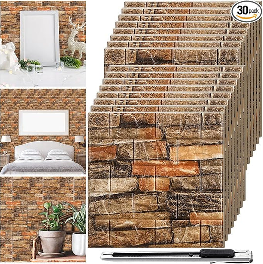 Tinlade 30 Pcs 3D Wall Panels Peel and Stick Wallpaper Foam, Rustic Brown | Faux Brick Stone Tiles, Covering 28.8-48.4 Sq ft, Self Adhesive Waterproof Panels for Bedroom Living Room Kitchen Walls by Tinlade