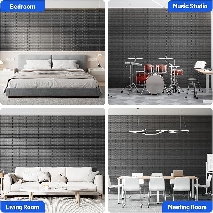 Self-Adhesive Acoustic Panels High Density Sound Proof Foam Panels for Wall | 16 Pack Brick Soundproof Wall Panels, 12" x 12" x 0.4" Sound Dampening Absorbing Panels for Home Studio Decor Office - Black - Image 6