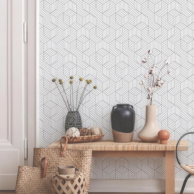 MelunMer White and Silver Peel and Stick Wallpaper Modern 17.7”×276” | Sliver Stripe Wallpaper Self Adhesive Removable Wallpaper Geometric Pattern Hexagon Wallpaper Shelf Drawer Liner Vinyl Film - Image 2