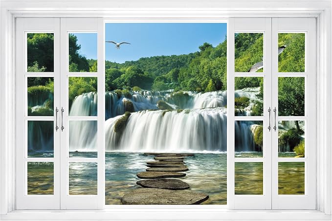 FLFK Fake Window Wall Mural - Waterfall Nature Scene Peel and Stick Decal, 48 x 32 inches, Set of 2 Sheets by FLFK