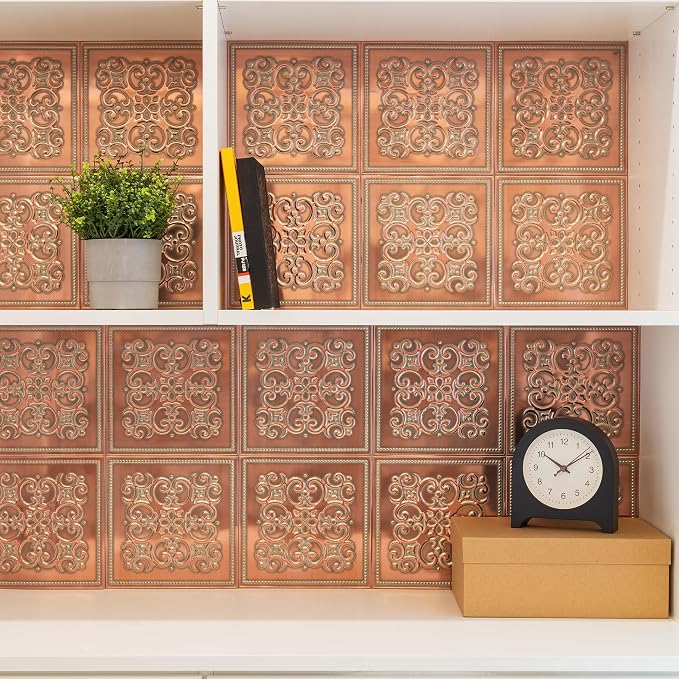 Peel and Stick Metal Backsplash Tiles, Patina Copper, 10-Pack | 8 x 8 in tile size; Covers up to 4.44 sq ft; Aluminum; Water-resistant surface; For kitchens, ceilings, DIY projects - Image 3