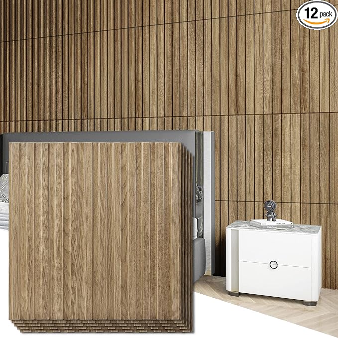 Art3d 3D Fluted Textured Slat Wall Panels, 19.7 x 19.7 in, 12-Pack, Walnut | PVC, Waterproof, Scratch Proof, Wipeable, Break-Proof, Ideal for Home, Office and Commercial Spaces by Art3d