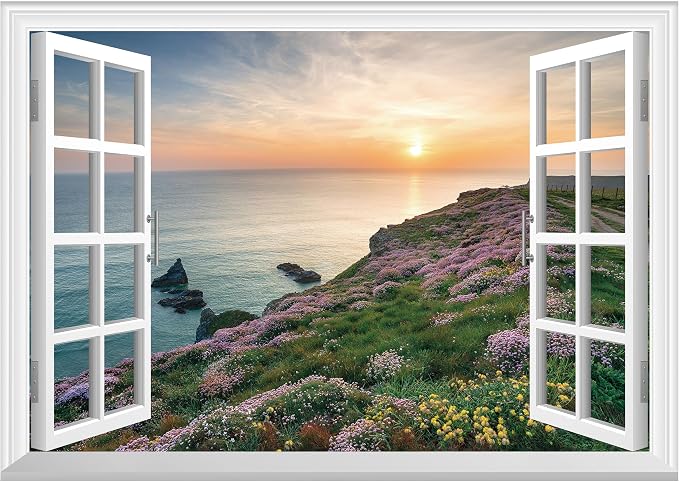 FLFK Fake Window Wall Mural - Sunset Over the Sea Faux Window Wall Sticker for Wall Decor, Stick and Peel Wall Decals,48"x32",Set of 2 Sheets by FLFK