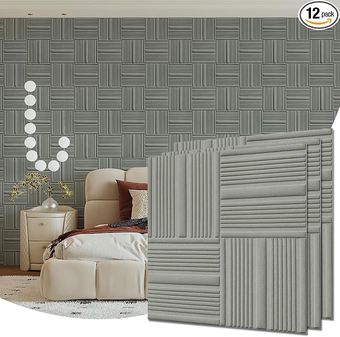 Velvet 3d wall panels for Interior wall Decor peel and stick, Soundproof Geometric Textured 3d Wall Panels for Living Room, Bedroom, TV Background 17.7" x 17.7", Covers 26.15 Sq.Ft 12pcs Grey by Unknown