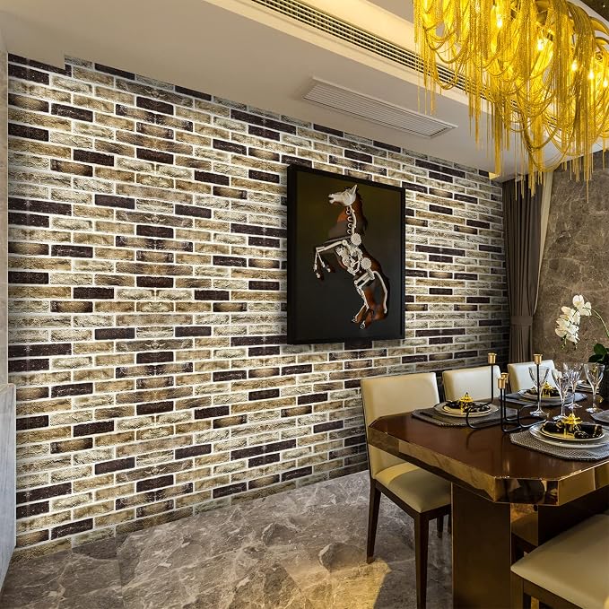 10-Pack 52 Sq.Ft 3D Wall Panels Peel and Stick 3D Faux Brick Wallpaper Peel and Stick Yellow Brown Faux Stone Wall Panel Foam Brick Self-Adhesive 3D Wallpaper - Image 3