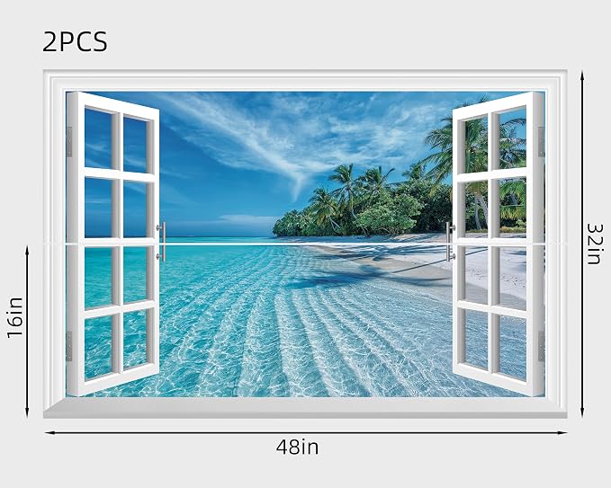 FLFK Fake Window Wall Mural - Summer Beach Faux Window Wall Sticker for Wall Decor, Peel and Stick Wall Decals,48"x32",Set of 2 Sheets - Image 2