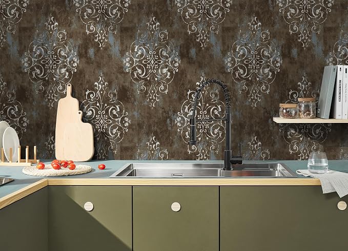 HAOKHOME Brown Wallpaper Peel and Stick Damask Vintage Victorian Bathroom | Textured Removable Retro Wall Paper Waterproof Beige Teal Traditional Victorian Farmhouse French for Bedroom 17.3in x 9.8ft - Image 7