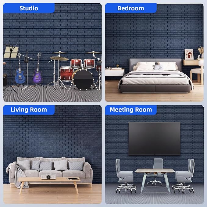 12 Pack Acoustic Panels with Self Adhesive Sound Proof Foam Panels for Wall | 12" X 12" X 0.4" High Density Soundproof Wall Panels, Brick Sound Absorbing Panels for Home Studio Office Decor - Blue - Image 5