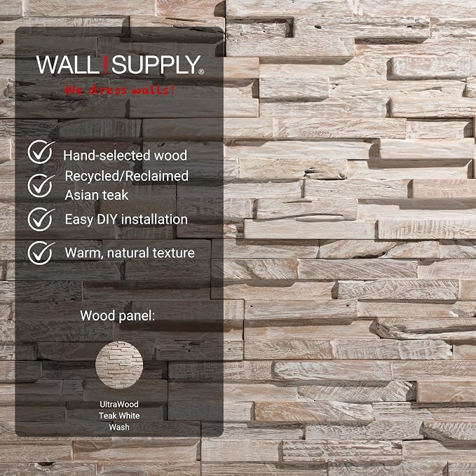 Wall!Supply 3D Wall Panels – Reclaimed Whitewash Asian Teak Wood – Home Decor Wallpaper Alternative for Living Room, Bedroom & Office – Easy DIY Installation – 10 Pack, Covers 9.6 Sq Ft | Real Reclaimed Asian Teak, Wallpaper Alternative, Easy DIY Insta... - Image 3