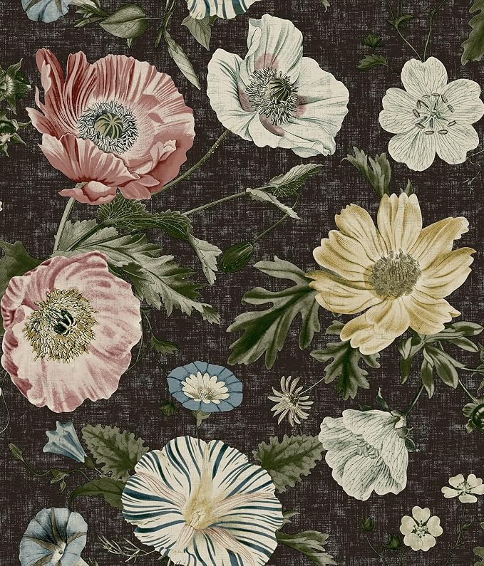 Vintage Poppy Black Peel and Stick Wallpaper by RoomMates, RMK12810PL by RoomMates