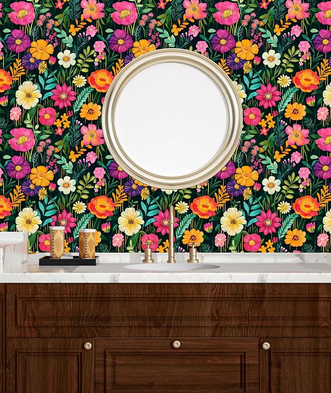 BOKEBEVE Floral Wallpaper Peel and Stick Boho Green Colorful 17.5 x 787In | Super Long Removable Renter Friendly Funky Watercolor Wall Paper for Bedroom Bathroom Living Room Feature Accent Walls - Image 5