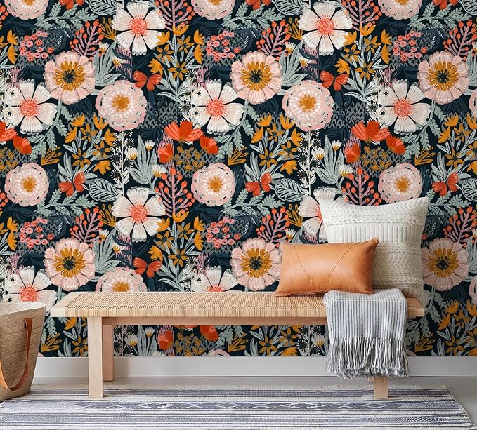 HAOKHOME Navy Pink Floral Peel and Stick Wallpaper Boho Contact Paper Decor | Textured Stick on Wall Paper Renter Friendly Removable Orange Flowers Bathroom Bedroom Cabinet Drawer Craft 17.3in x 6.6ft - Image 7