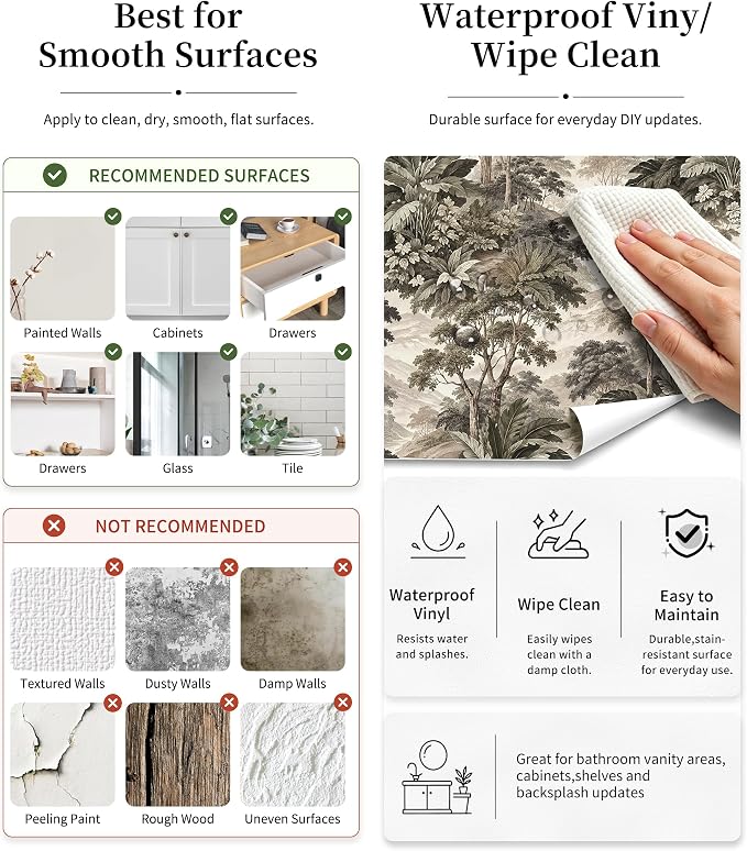 HAOKHOME Vintage Peel and Stick Wallpaper Forest Toile Green for Bathroom | Self Adhesive Removable Landscape Botanical Jungle Wall Paper Textured for Bedroom Accent Wall Contact Paper 17.3in x 6.6ft - Image 8