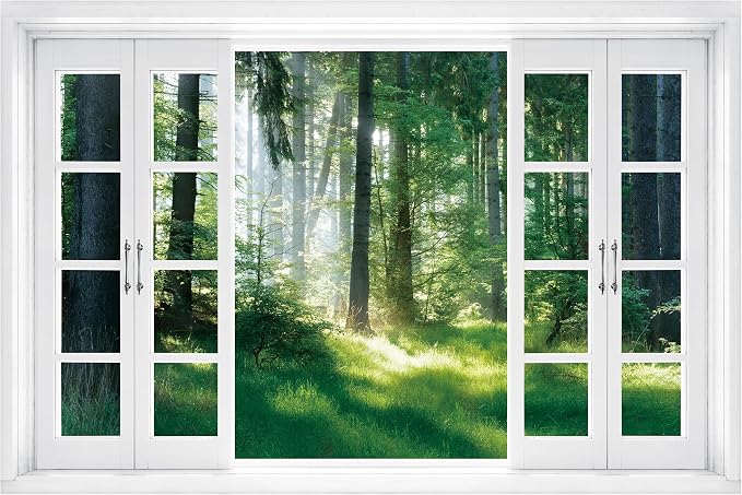 FLFK Fake Window Wall Mural - Nature Scene Forest Peel and Stick Decal, 80 x 60 inches, Set of 5 Sheets by FLFK
