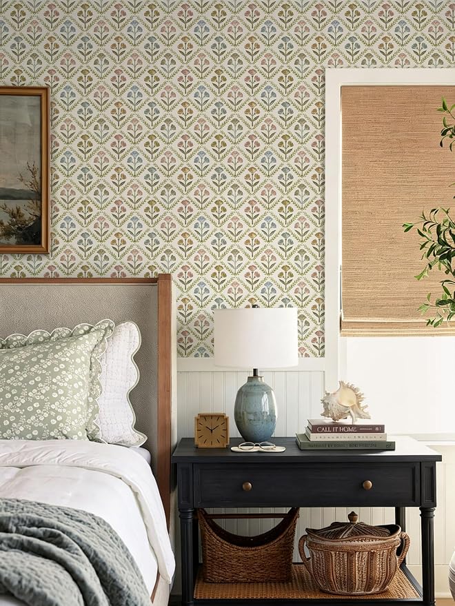 Dimoon Vintage Peel and Stick Wallpaper Retro Botanical Contact Paper Farmhouse Wallpaper Cottage Renter Friendly Removable Geometric Wall Paper for Bathroom Kitchen Textured Vinyl 17.3''x197'' - Image 3